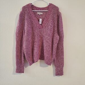NWT LOFT V-Neck Long Sleeve Sweater Pink/White